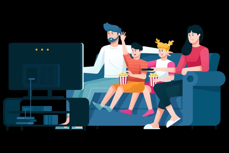 Illustration of a family on the sofa with popcorn, watching TV together