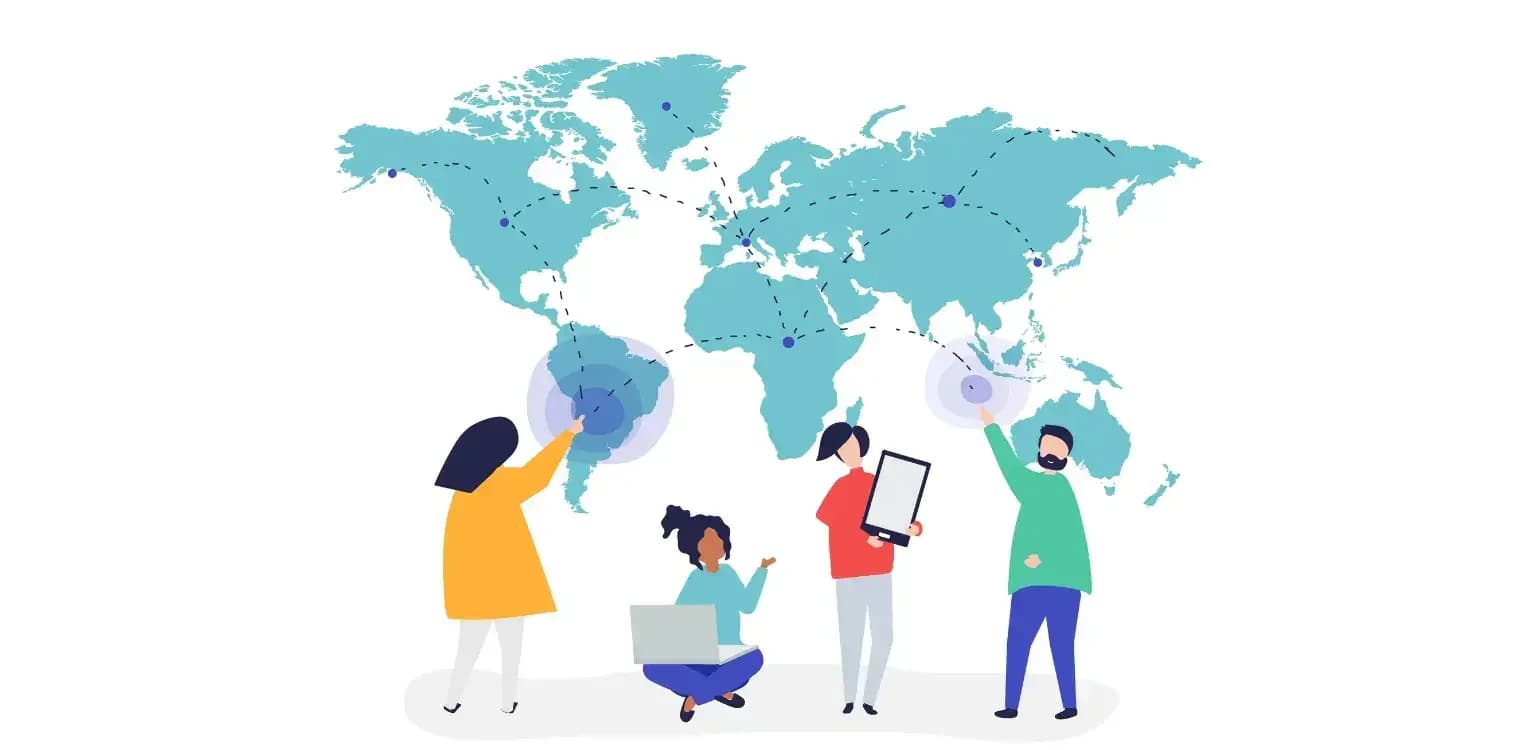 Illustration of people with a tablet, laptop and phone in front of a world map